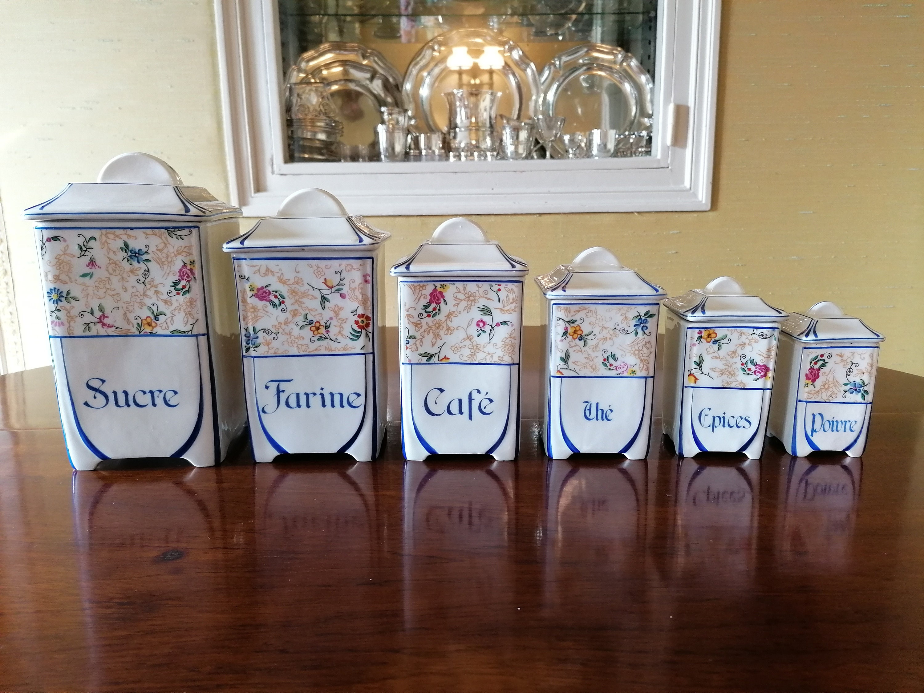 Set Of 6 French Vintage Ceramic Storage Jars With An Art Deco Design