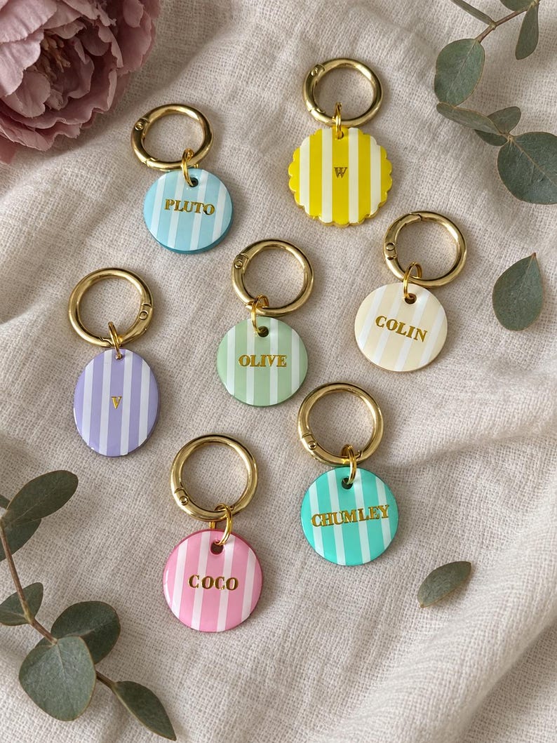 May include: A collection of seven circular and scalloped acrylic keychains with gold-tone metal rings. Each keychain features vertical stripes in pastel colors including blue, yellow, purple, green, cream, pink, and teal, with names or letters printed in gold.