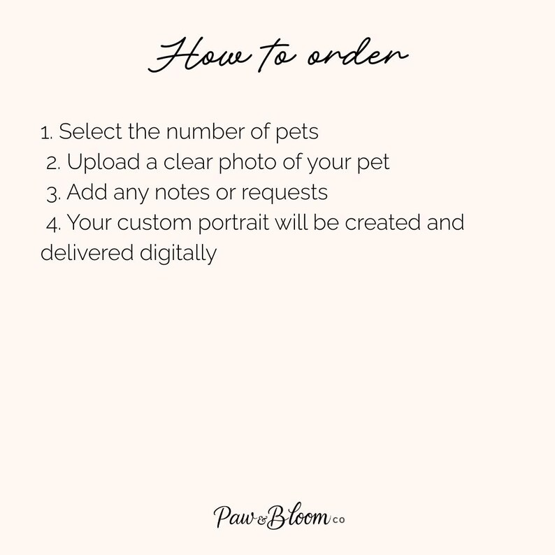 May include: A light-colored informational graphic with black text that reads: How to order. 1. Select the number of pets. 2. Upload a clear photo of your pet. 3. Add any notes or requests. 4. Your custom portrait will be created and delivered digitally. Paw&Bloom co.
