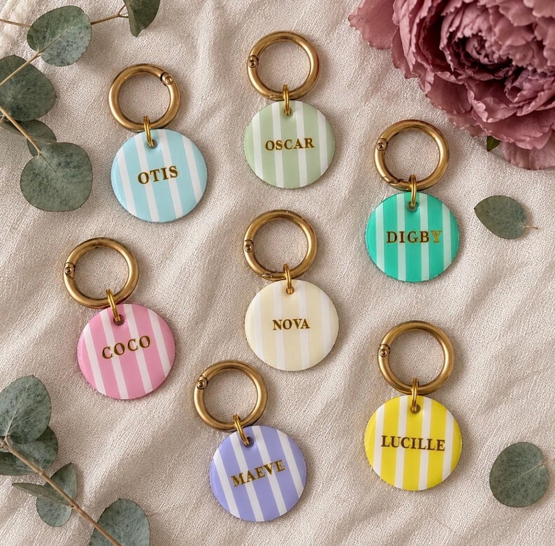 May include: Seven circular pet tags with gold-toned metal rings, each featuring vertical stripes in pastel colors and a name printed in gold lettering: Otis, Oscar, Digby, Coco, Nova, Lucille, and Maeve. The tags are arranged on a textured fabric.