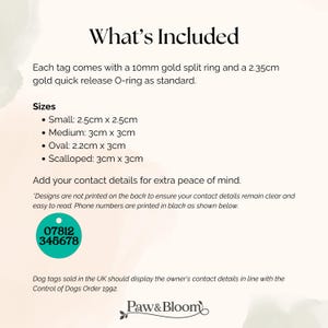 May include: An informational graphic titled What's Included listing a 10mm gold split ring and 2.35cm gold quick release O-ring. Sizes include small 2.5cm x 2.5cm, medium 3cm x 3cm, oval 2.2cm x 3cm, and scalloped 3cm x 3cm tags with contact details.