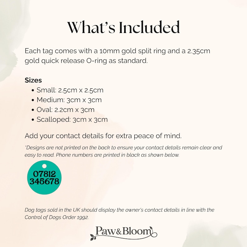 May include: An informational graphic titled What's Included listing a 10mm gold split ring and 2.35cm gold quick release O-ring. Sizes include small 2.5cm x 2.5cm, medium 3cm x 3cm, oval 2.2cm x 3cm, and scalloped 3cm x 3cm tags with contact details.