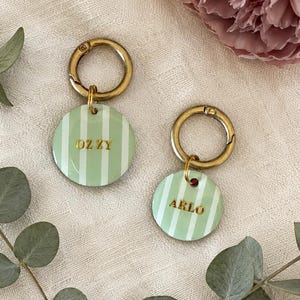 May include: Two circular pet tags featuring a light green and white vertical striped pattern. Each tag has a gold-toned metal ring attached and is personalized with gold lettering, one reading OZZY and the other reading ARLO.