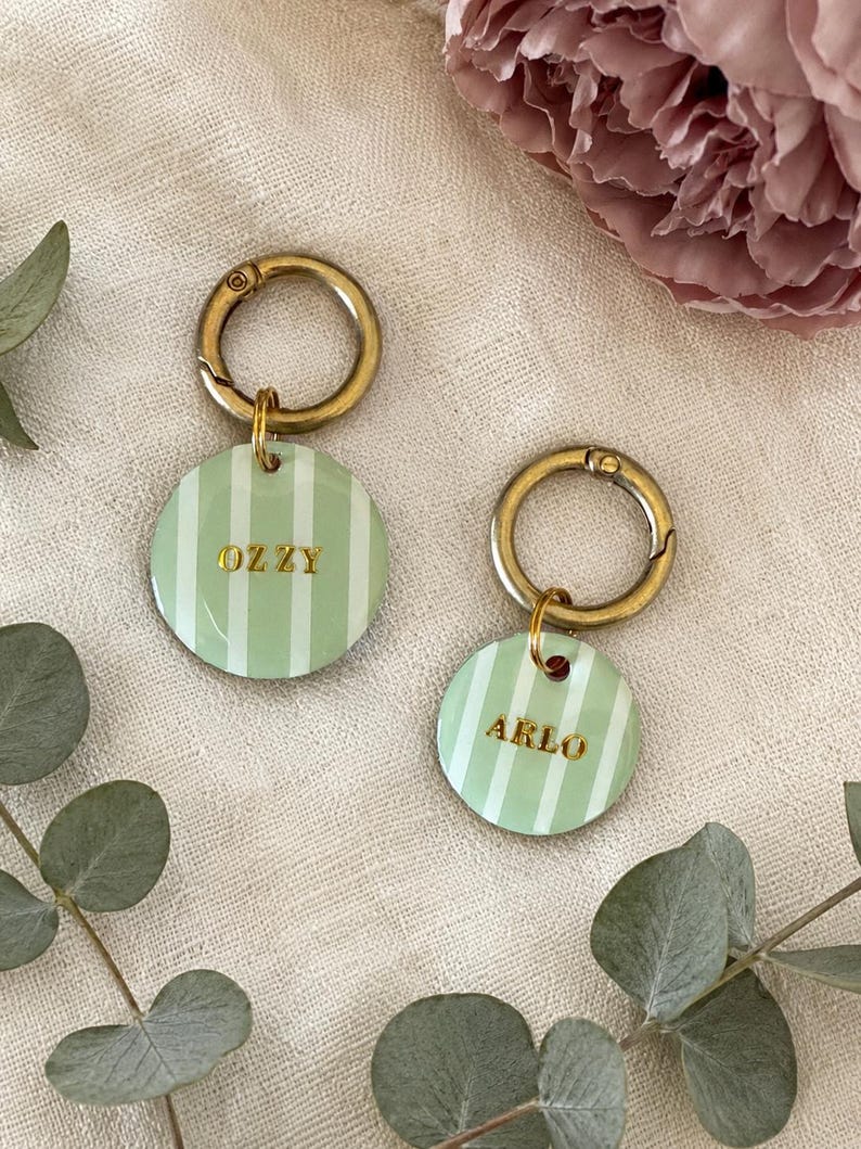 May include: Two circular pet tags featuring a light green and white vertical striped pattern. Each tag has a gold-toned metal ring attached and is personalized with gold lettering, one reading OZZY and the other reading ARLO.