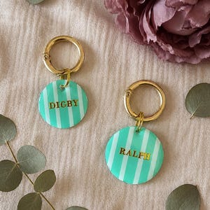 May include: Two circular pet tags featuring a mint green and white vertical striped pattern. Each tag has a gold-toned metal lobster clasp attached to the top. The tag on the left displays the name DIGBY in gold lettering, while the tag on the right displays the name RALPH in gold lettering.