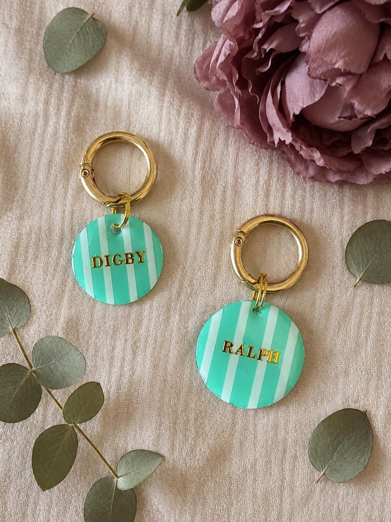 May include: Two circular pet tags featuring a mint green and white vertical striped pattern. Each tag has a gold-toned metal lobster clasp attached to the top. The tag on the left displays the name DIGBY in gold lettering, while the tag on the right displays the name RALPH in gold lettering.