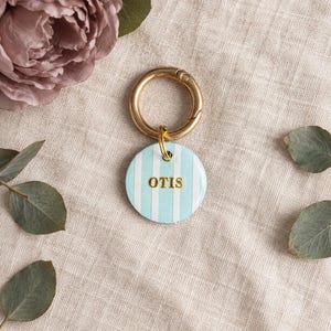 May include: A circular pet tag featuring vertical light blue and white stripes with the name OTIS printed in gold lettering. The tag is attached to a gold-toned metal ring clasp, providing a secure way to attach the item to a collar.