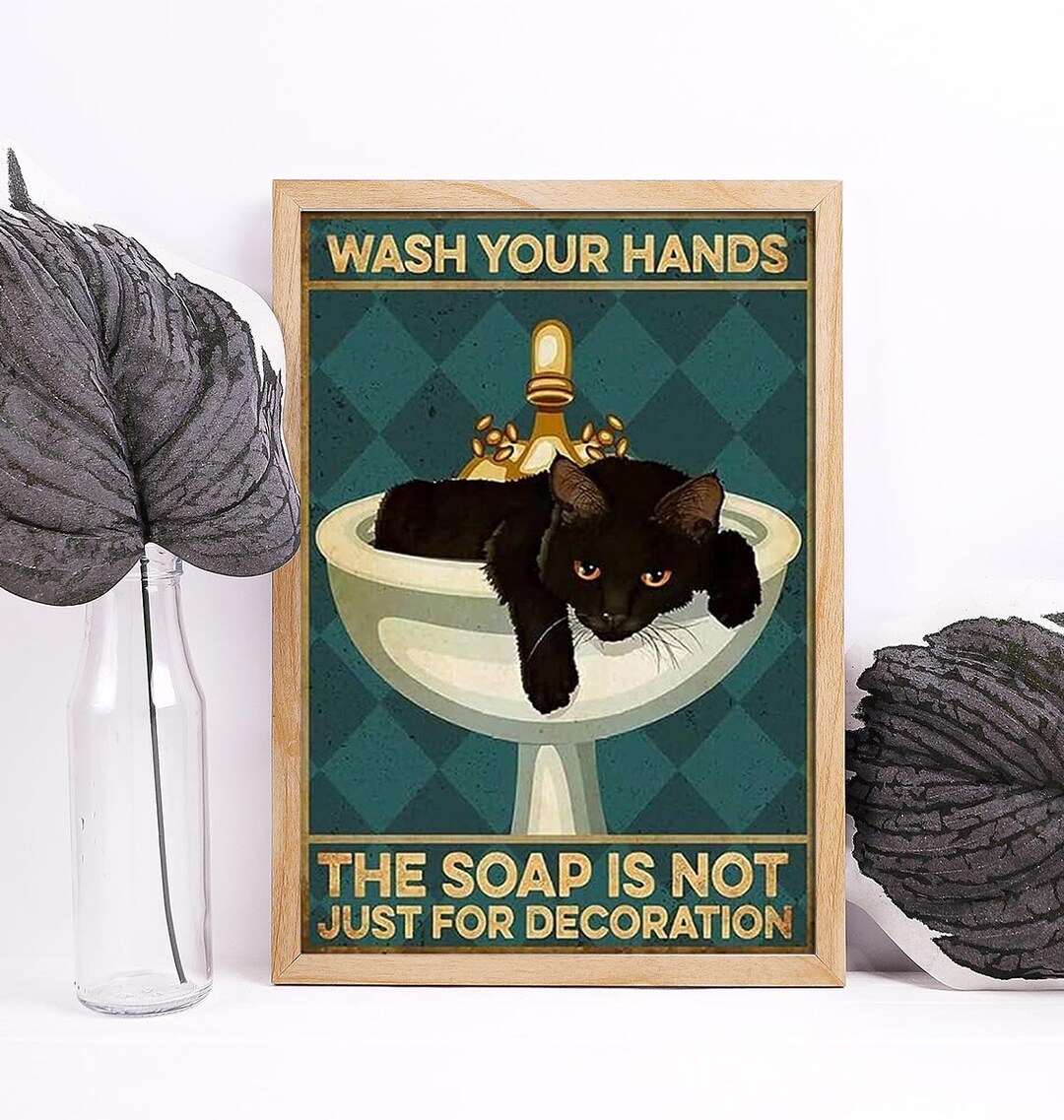 Black Cat Bathroom Wall Art Poster Bathroom Prints Black Cat Etsy