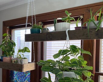 Dark Wood Stained Ceiling Hanging Shelf • for Plants