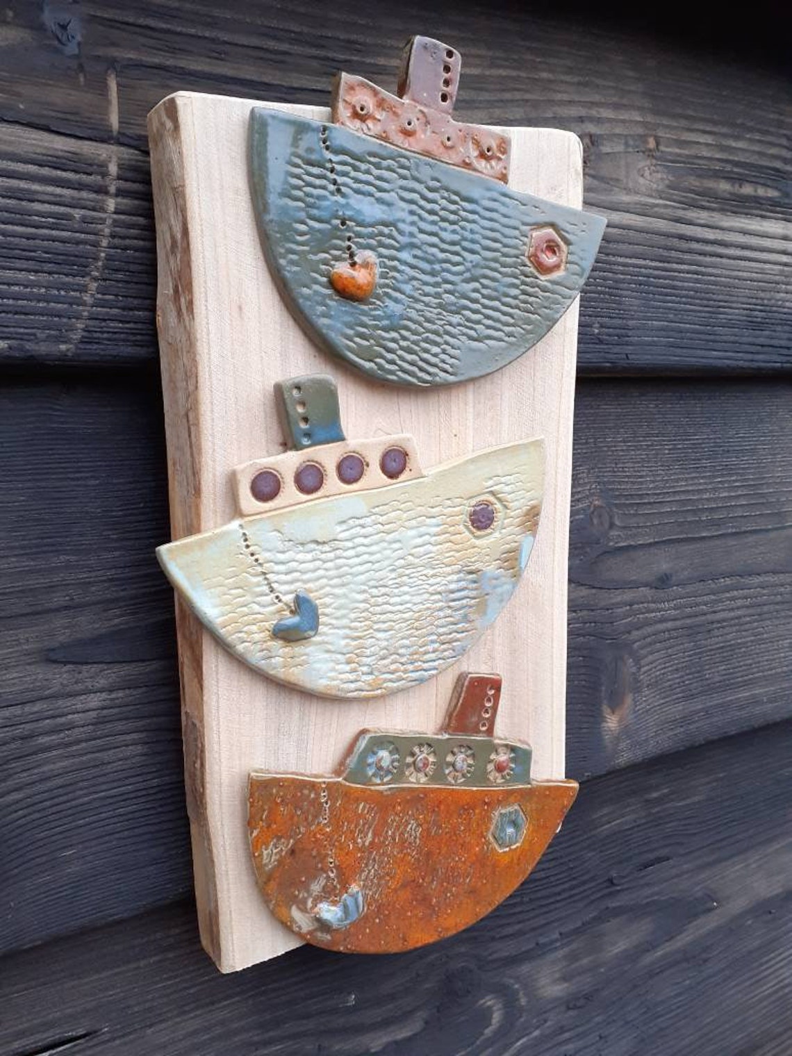 Ceramic picture with boats on wood hanger decoration hand Etsy