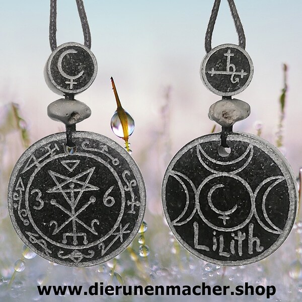 Einzigartiges handgemachtes Wicca-Hexen-Siegel Amulett aus schwarzen Granit Sigel der Lilith, mit allen Lilith Symbolen | made in Austria