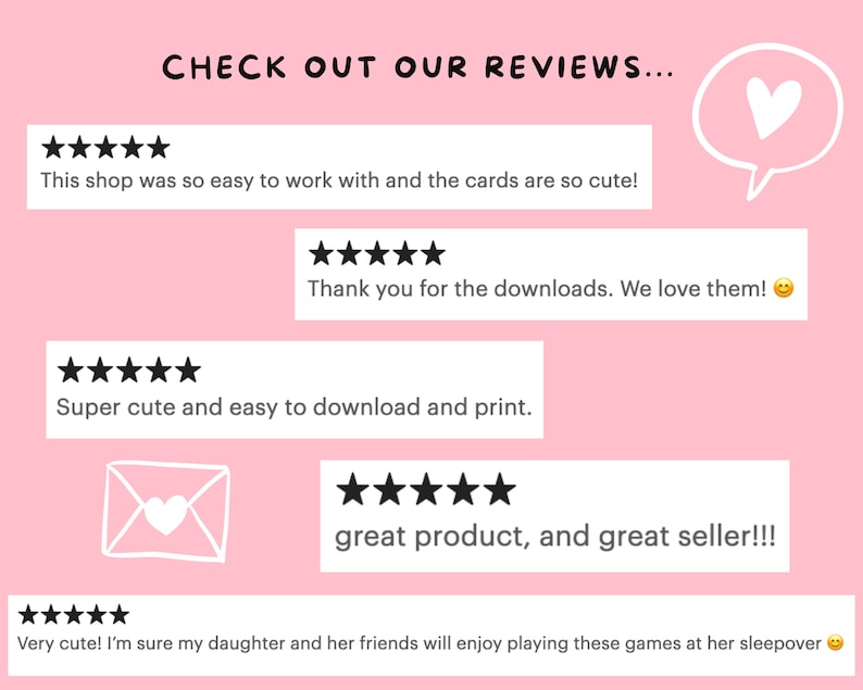 Puede incluir: Cinco estrellas para una tienda que vende juegos imprimibles. Las rese&ntilde;as destacan la facilidad de uso, la ternura de los dise&ntilde;os y la experiencia positiva de descargar e imprimir los juegos. El texto incluye "This shop was so easy to work with and the cards are so cute!" "Thank you for the downloads. We love them!" "Super cute and easy to download and print." "great product, and great seller!!!" y "Very cute! I'm sure my daughter and her friends will enjoy playing these games at her sleepover."