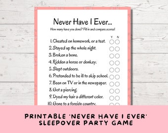 Never Have I Ever Game: Printable Sleepover Party Activity (PDF)
