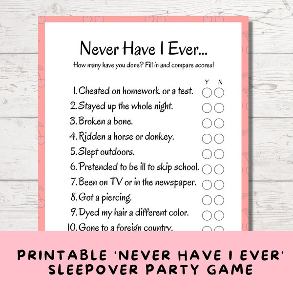 Printable 'Never Have I Ever' Party Game for Teenage Girls and Tweens, Slumber Party Game, Pajama Party Activity, 13th Birthday, Sweet 16