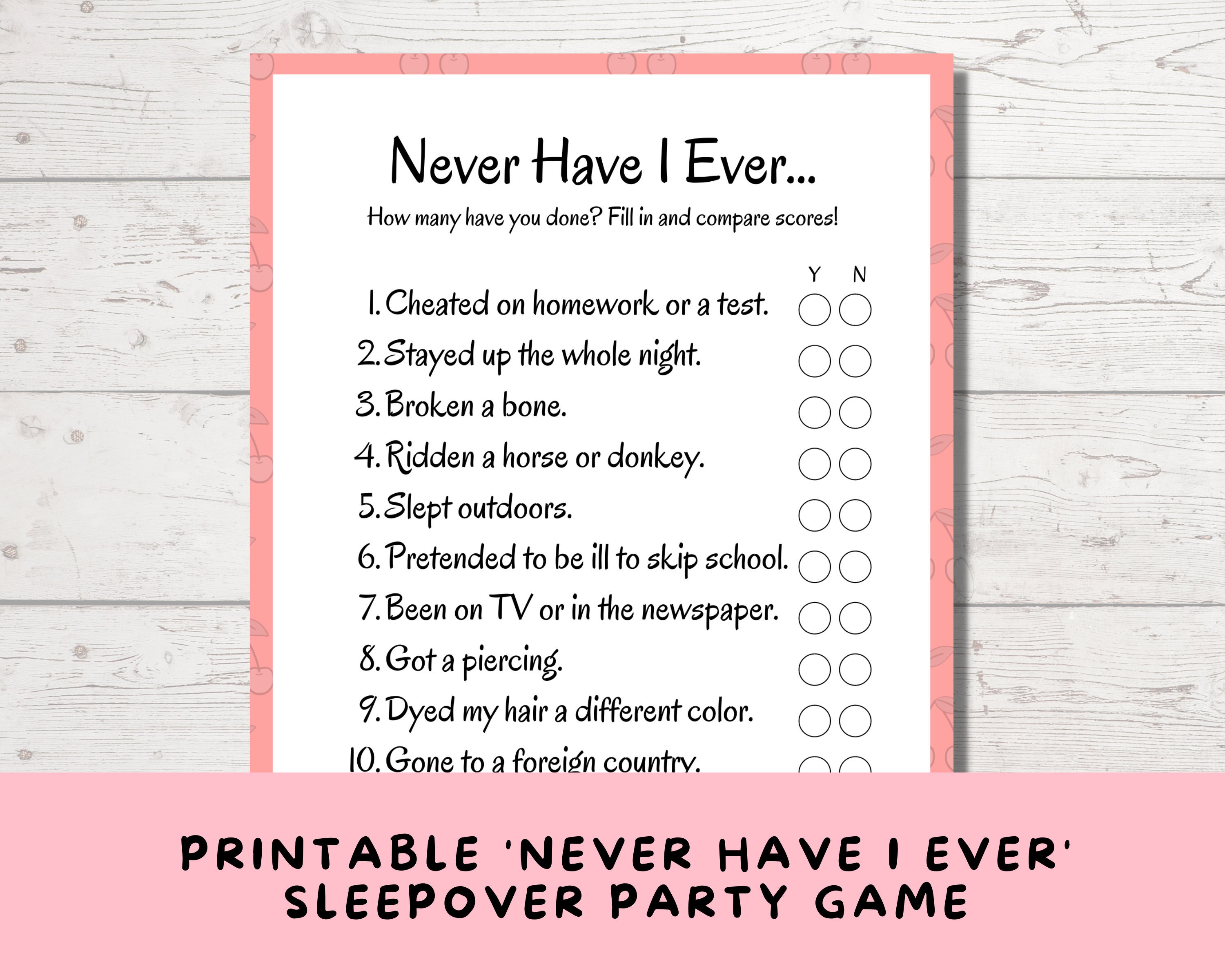 Never Have I Ever Game: Printable Sleepover Party Activity (PDF) - Etsy