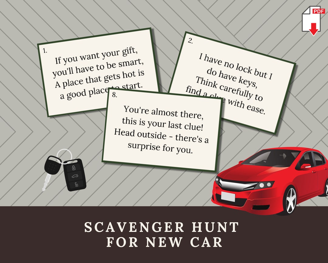 Printable New Car Scavenger Hunt Clues, Treasure Hunt Riddles to Find
