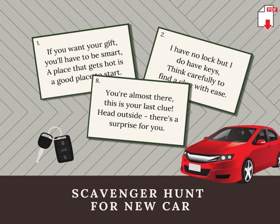 Printable New Car Scavenger Hunt Clues, Treasure Hunt Riddles to Find New  Car, Fun First Car Idea, Sweet 16 Car Hunt, Instant Download 