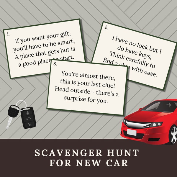 Printable New Car Scavenger Hunt Clues, Treasure Hunt Riddles to Find New Car, Fun First Car Idea, Sweet 16 Car Hunt, Instant Download