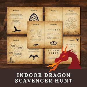 以下が含まれることがあります： ドラゴンをテーマにしたスカベンジャーハントゲーム。ゲームには、ヒントと謎を含む10個のパズルが含まれています。パズルは、素朴な茶色の背景を持つ羊皮紙のような紙に印刷されています。