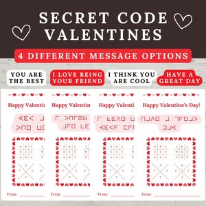 Puede incluir: Tarjetas de San Valentín imprimibles con un rompecabezas de código secreto. Las tarjetas presentan cuatro mensajes diferentes: "Eres el mejor", "Me encanta ser tu amigo", "Creo que eres genial" y "Que tengas un gran día".