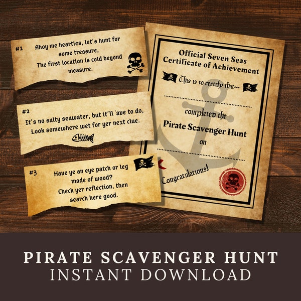 Pirate Scavenger Hunt Clues (Printable), Pirate Party Game for Kids, Pirate Treasure Hunt with Rhyming Riddles, Pirate Birthday Activity