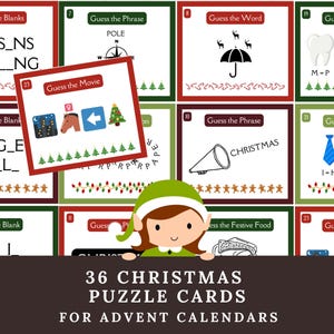 May include: A set of 36 Christmas puzzle cards for advent calendars featuring various games like Fill The Blanks, Guess The Phrase, Guess The Word, and Guess The Movie. The cards display festive icons, text, and holiday-themed graphics.