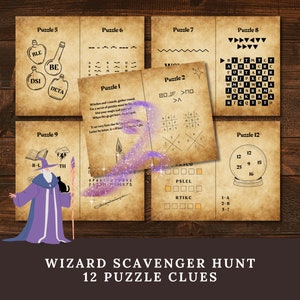 Wizard Scavenger Hunt Puzzle Clues, Printable Magic School Treasure Hunt, Witch and Wizard Birthday Party Game for Younger & Older Kids