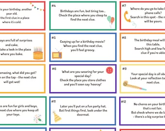 May include: A set of twelve rectangular birthday scavenger hunt clue cards with colorful borders. Each card features numbered text prompts and small illustrations including a cake, telephone, television, button, party hat, and party popper.