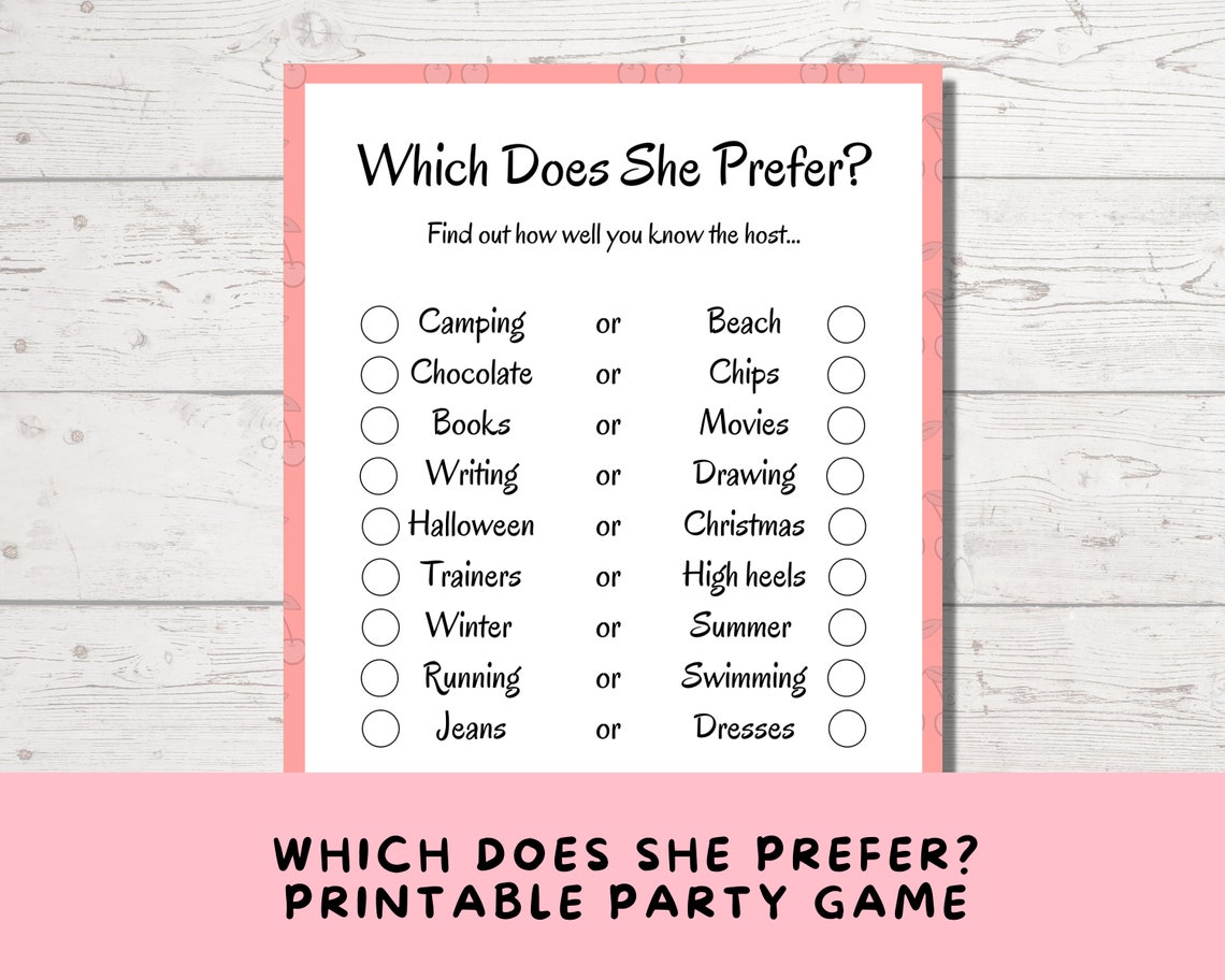 Which Does She Prefer Printable Party Game for Teens, Tweens, Baby ...