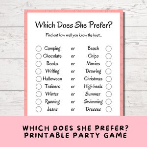 Which Does She Prefer? Printable Party Game for Teens, Tweens, Baby Showers, Bachelorette, This or That Game for Birthday Girl and Friends