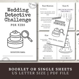 May include: Black and white printable wedding detective challenge for kids. The booklet includes a cake and magnifying glass graphic. The text includes "Wedding Detective Challenge for Kids" and "Mission Complete".
