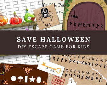 May include: A printable Halloween escape room game for kids. The game includes a variety of puzzles and challenges, such as a word search, a code breaker, and a maze. The game is designed to be played by children aged 6 and up.