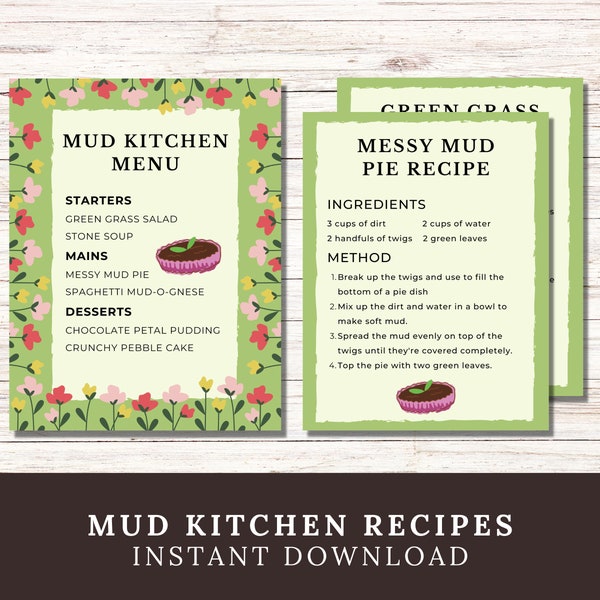 Mud Kitchen Printable Menu and Recipe Cards, Mud Pies Pretend Food, Mud Kitchen Sign & Accessories, Forest School Outdoor Education Nature