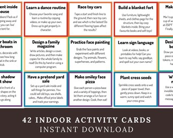 May include: A grid of 42 indoor activity cards featuring colourful borders and black text instructions for games like building blanket forts, racing toy cars, and designing magazines. The bottom text reads 42 INDOOR ACTIVITY CARDS INSTANT DOWNLOAD.