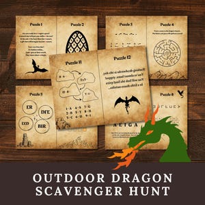 May include: A printable scavenger hunt for kids featuring a dragon theme. The game includes 12 puzzles with a variety of challenges, including a maze, a word search, and a code-breaking puzzle. The puzzles are printed on a brown paper background with a green dragon illustration.
