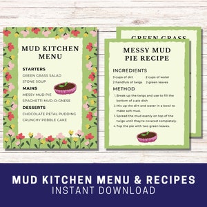 Mud Kitchen Printable Menu and Recipe Cards, Mud Pies Pretend Food, Mud ...