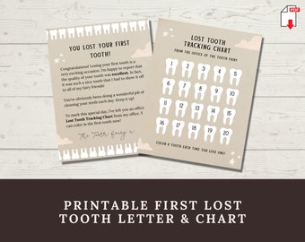 Primera carta del hada de los dientes y tabla de dientes perdidos, nota imprimible del hada de los dientes para niño o niña, idea de diente perdido para niños, descarga digital