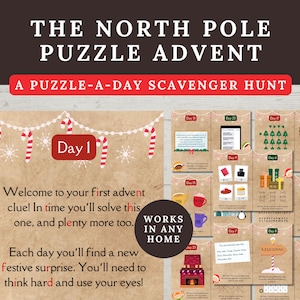 Puzzle Advent für Kinder zum Ausdrucken, Einzigartiger DIY Adventskalender mit Puzzles im Escape Room-Stil, Adventskalender Schnitzeljagd, Weihnachts-Countdown, PDF