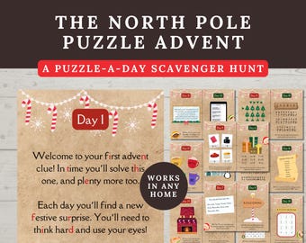 以下が含まれることがあります： 「The North Pole Puzzle Advent」と「A Puzzle-A-Day Scavenger Hunt」というテキストが書かれた、茶色と白の印刷可能なアドベントカレンダー。カレンダーには、毎日のお祝いのテーマのジグソーパズルが掲載されています。初日のジグソーパズルは「Day 1」というタイトルで、「Welcome to your first advent clue! In time you'll solve this one, and plenty more too. Each day you'll find a new festive surprise. You'll need to think hard and use your eyes!」というテキストが含まれています。