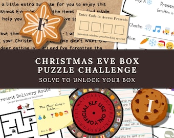 May include: A Christmas Eve box puzzle challenge with a variety of activities to solve. The activities include a maze, a wheel with a code, a gingerbread cookie, and a note with a list of presents. The text on the image reads "Christmas Eve Box Puzzle Challenge Solve to Unlock Your Box".