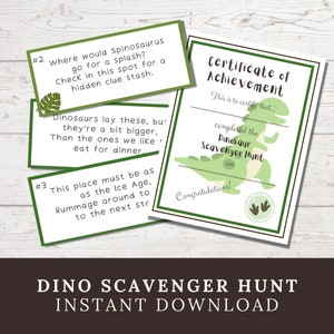 Jogo de festa de aniversário de dinossauro para crianças, caça ao tesouro de dinossauros para imprimir em ambientes internos com enigmas, caça ao tesouro para esconder presentes de aniversário para meninos