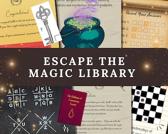May include: A printable escape room game titled ESCAPE THE MAGIC LIBRARY featuring a collection of paper documents, including a certificate, a key illustration, a potion cauldron, a letter, a checkerboard, and a book titled The Challenges of Transmuting Escapes.