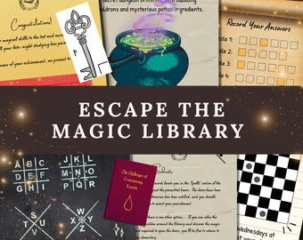 May include: A colorful escape room game with the title "Escape the Magic Library". The game features a variety of puzzles, including a word search, a grid puzzle, a checkerboard, and a key.