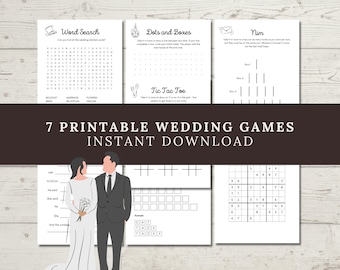 May include: A collection of seven printable wedding games on white paper, including word search, dots and boxes, tic tac toe, nim, and sudoku. The sheets feature black text and line art illustrations of a couple in wedding attire.