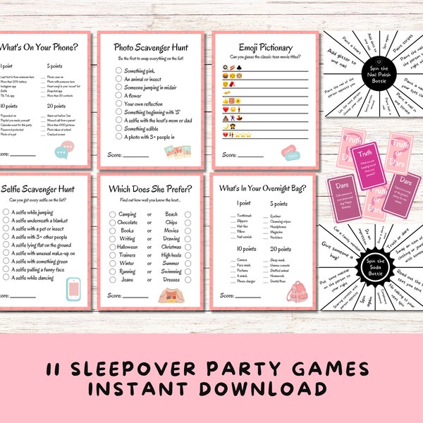 11 Printable Sleepover Party Games for Teenage Girls and Tweens, Sweet 16 Slumber Party Ideas, Spin The Nail Polish Game, Truth or Dare