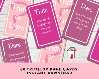 64 Printable Truth or Dare Cards for Teen & Tween Girls, Slumber Party Game, Pajama Party Activity, Sweet 16, 13th/14th/15th Birthday Games