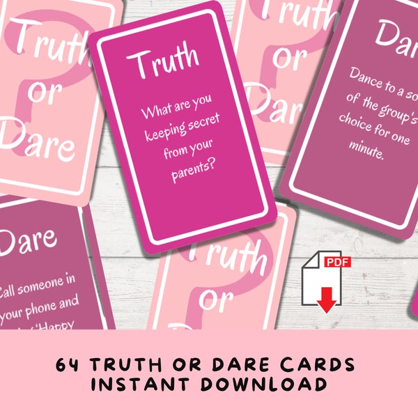 64 Printable Truth or Dare Cards for Teen & Tween Girls, Slumber Party Game, Pajama Party Activity, Sweet 16, 13th/14th/15th Birthday Games