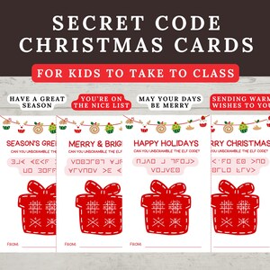 Puede incluir: Un conjunto de cuatro tarjetas de Navidad con un tema de código secreto. Cada tarjeta presenta un diseño de caja de regalo roja y un mensaje festivo, como "Que tengas una gran temporada" y "Feliz y brillante". Las tarjetas están diseñadas para niños.