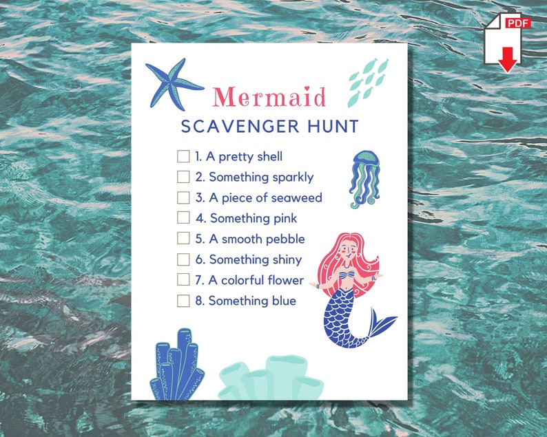 Mermaid Scavenger Hunt Printable, Cute Mermaid Party Game Activity for ...