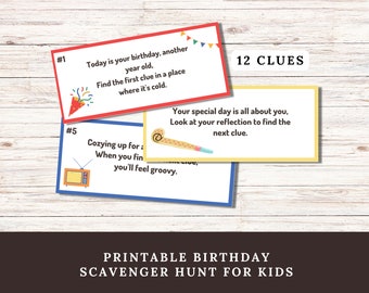 Birthday Scavenger Hunt Clues for Kids, Printable Treasure Hunt for Birthday Gifts, Indoor Riddles for Kids or Tweens, Instant Download